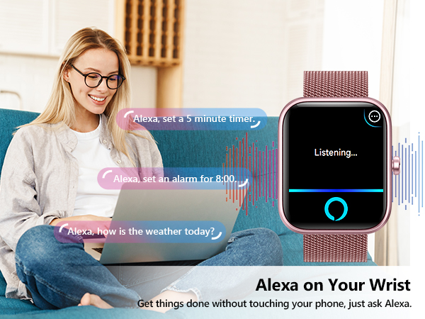 Text reads 'Alexa on Your Wrist'. Multiple panels showing smartwatch interface with Alexa display and voice command functionality.