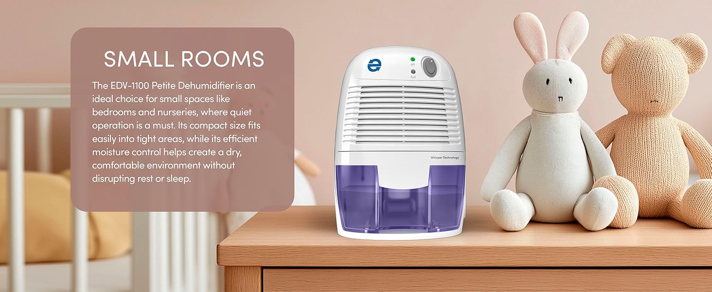 EDV-1100 Dehumidifier in a small room, quietly removing moisture to maintain comfort