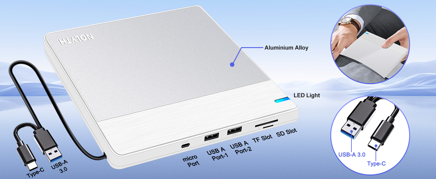 The stylish silver aluminium top plate of this DVD drive USB external perfectly matches your Mac.