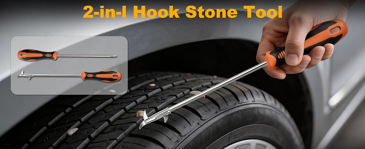 This jump starter power pack included a 2-in-1 stone cleaning hook,