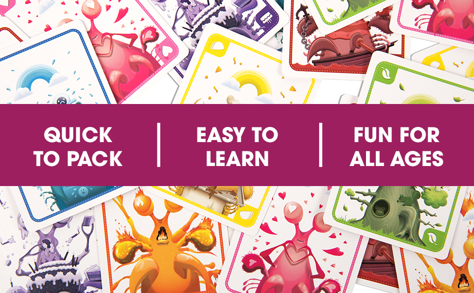 Text reads 'QUICK TO PACK EASY TO LEARN FUN FOR ALL AGES' with colorful graphic design elements in banner format.