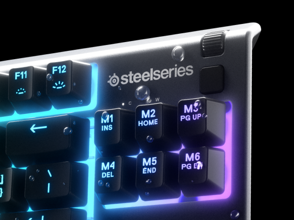 - Apex 3 keyboard with the "S" keycap detached to show the switch underneath