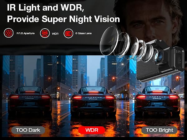 Text reads 'IR Light and WDR, Provide Super Night Vision'. Security camera footage comparison showing 'TOO Dark', 'WDR', and 'TOO bright' scenarios.