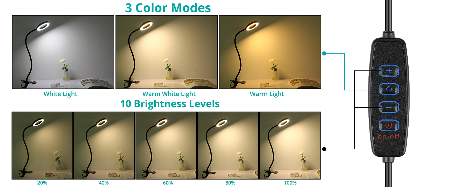 Table Lamp has 10 dimmable brightness and 3 color modes:Warm,Warm white,White.