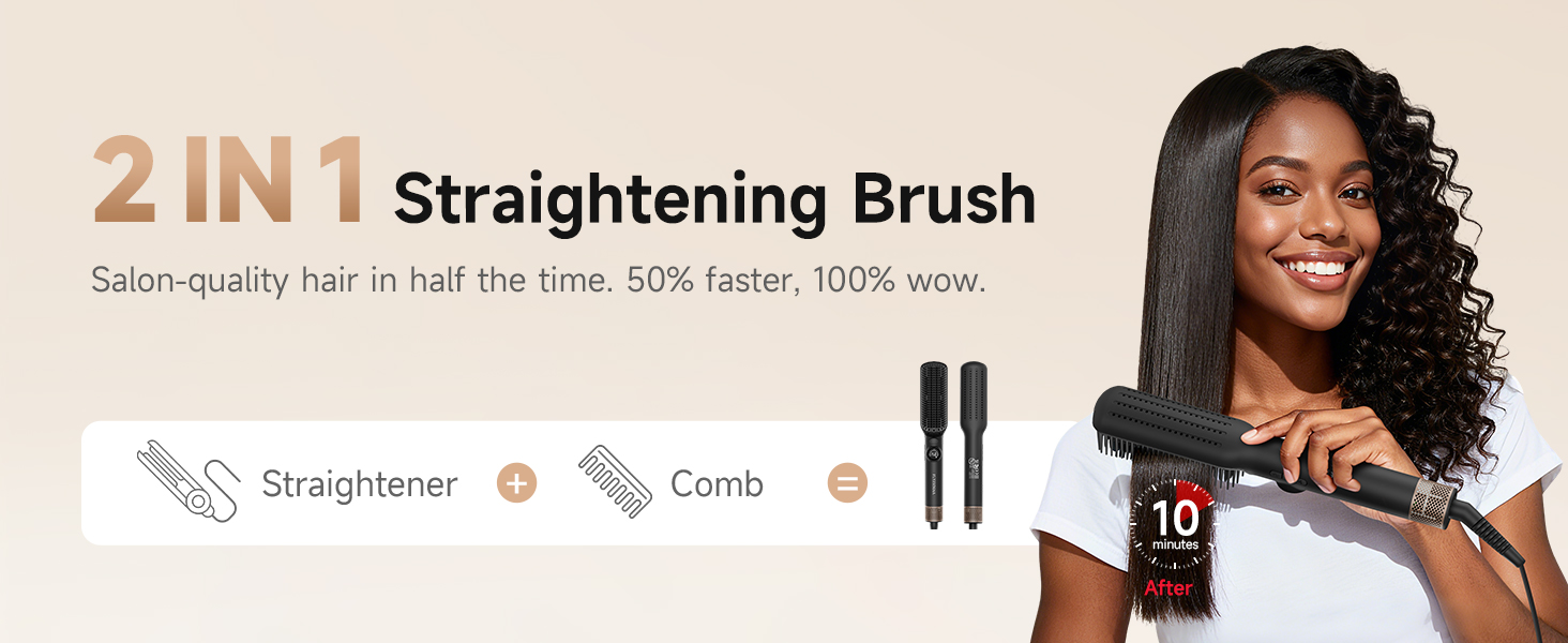 2-in-1 straightening brush combines a straightener and comb for 50% faster, salon-quality results