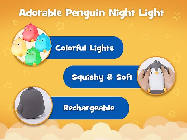 Greprety squishy penguin night light with rgb modes 3 brightness timer