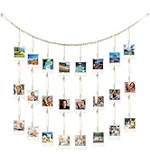 Hanging Photo Display with 28 Clips Wall Decor Boho Wooden Beads Garland Picture Banner Collage P...