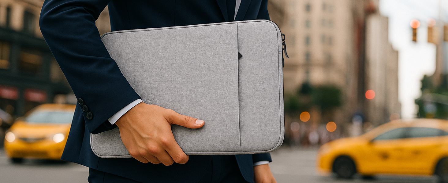 Multiple views of a grey laptop sleeve or case being held and demonstrated in urban settings, showing various carrying positions and usage scenarios.