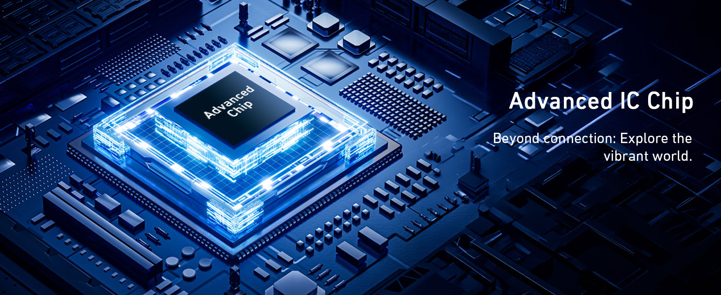 Text reads 'Advanced IC Chip' and 'All in 2 solution. Explore the digital world.' Illuminated blue circuit board pattern with IC chip technology visualization.