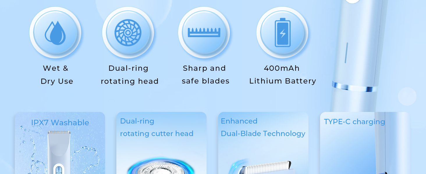 IPX7 Washable Dual-ring rotating cutter head Enhanced Dual-Blade Technology TYPE-C charging