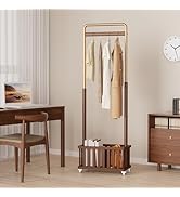 Taitiy Clothes Rack Solid Wood Coat Rack, Metal and Solid Wood Combination Clothing Rack with Whe...
