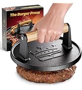 Smash Burger Press 6.5”,Cast Iron Flat Round Edge Grill/Bacon/Meat/Hamburger/Chef Press with Wood...