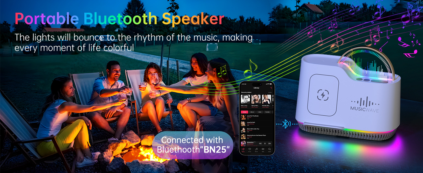 Text reads 'Portable Bluetooth Speaker'. Promotional image showing speaker device against nighttime campfire scene with colorful lighting effects.