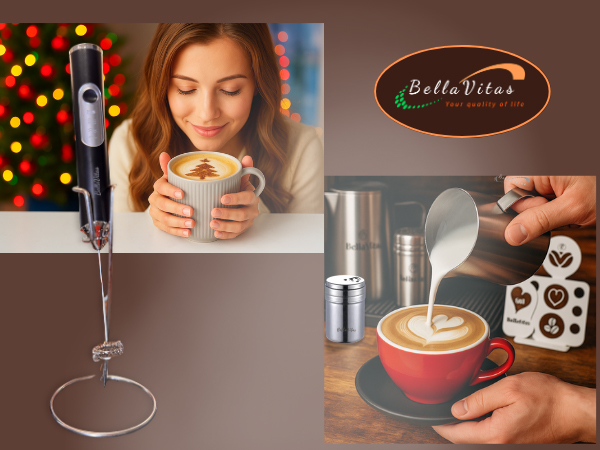 BellaVitas frother on stand, woman enjoying latte with tree art, milk poured into red cup
