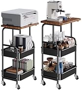 Printer Stand with Wheels and Storage Shelf, 3 Tier Rolling Cart with Wood Table Top, Small Metal...