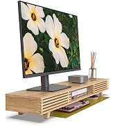 WELL WENG Bamboo 42” Dual Monitor Stand with Sliding Doors Desk Shelf
