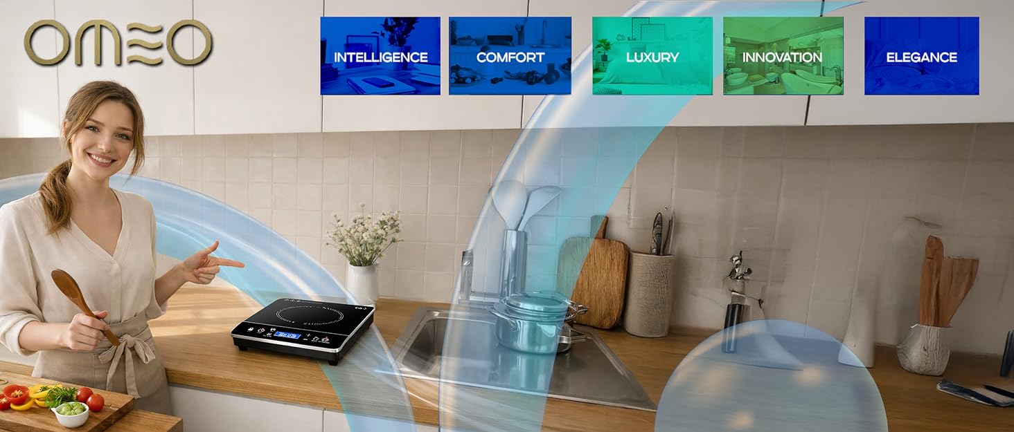 OMEO induction cooktop on a modern kitchen counter with a woman pointing to it.