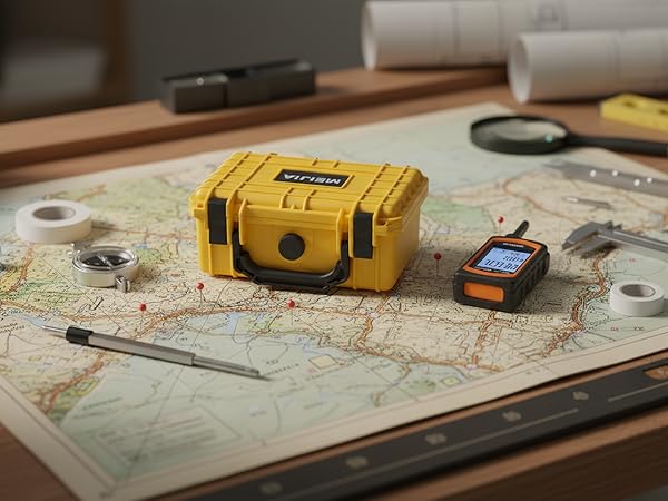 Workbench or table surface with various tools, maps, and a yellow power tool visible among scattered items.