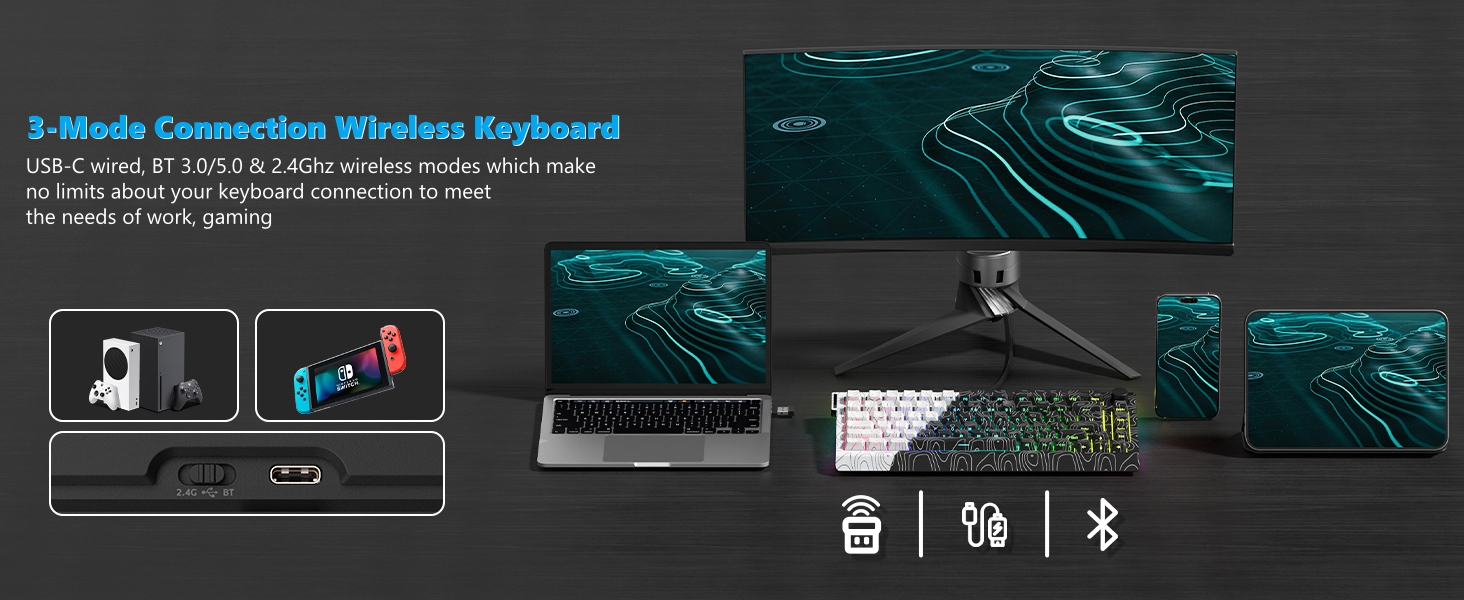 QMK/VIA 75% Keyboard Wireless,Topographic Gaming Mechanical Keyboard 65%