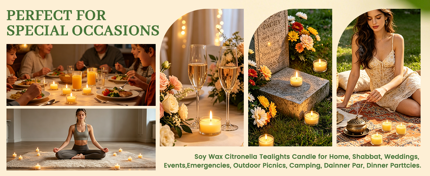 Citronella tealights for home, weddings, Shabbat, events, camping, picnics, dinners and emergencies.