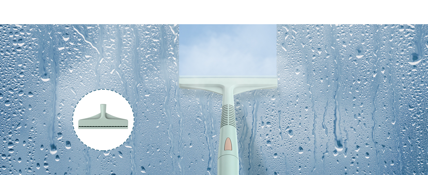 Window squeegee against condensation-covered glass surface, with circular icon showing squeegee head design.
