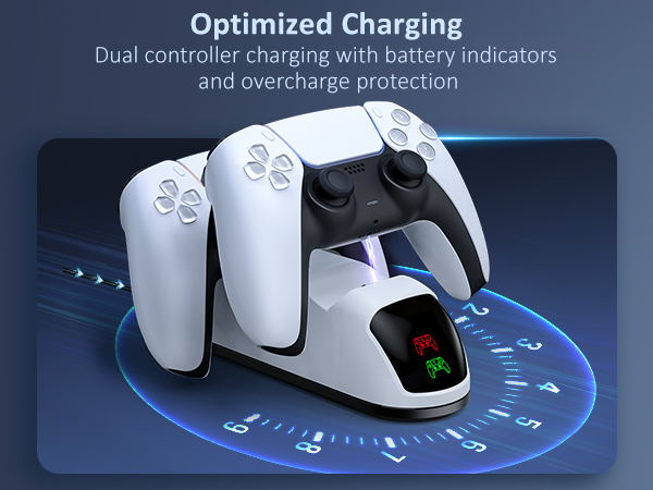 One dock shows two PS5 controllers charging front-facing