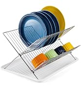Youeon Foldable Dish Drying Rack with Drip Tray, Stainless Steel 2 Tier Dish Drainer Rack, Collap...