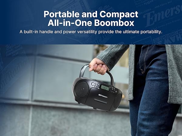 Portable Compact All-In-One Boombox. Built-in Handle and battery power offers versatile portability