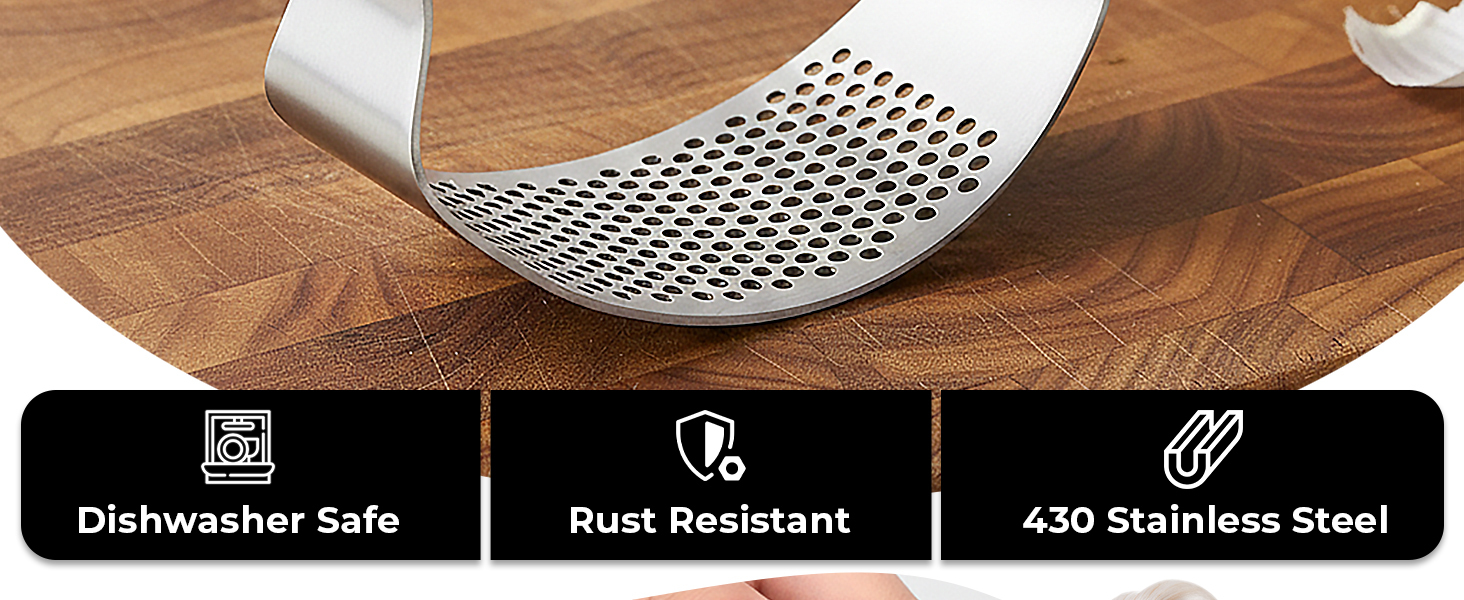 Garlic press rocker made of 304 stainless steel with comfortable non-slip handle.