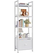 Furologee 5 Tier Bookshelf with Drawer, Tall Narrow Bookcase with Shelves, Wood and Metal Book Sh...