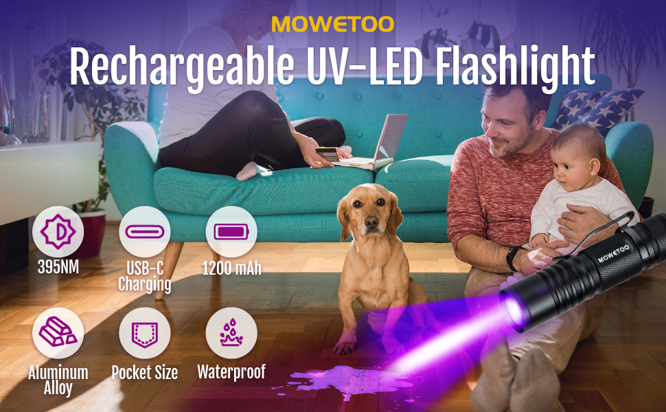 Rechargeable UV-LED flashlight with 395nm wavelength, USB-C charging, and 1200mAh battery. Features aluminum alloy body, pocket size, and waterproof design. Emits purple light beam in image.