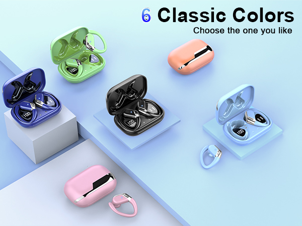 Six wireless earbud cases in different colors (green, navy, black, pink, orange, light blue) arranged on a blue background with text '6 Classic Colors'.