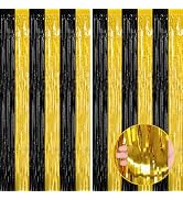 2 Pack Graduation Backdrop, 3.28 FT x 7.05 FT Black and Gold Foil Fringe Curtains, Metallic Foil ...