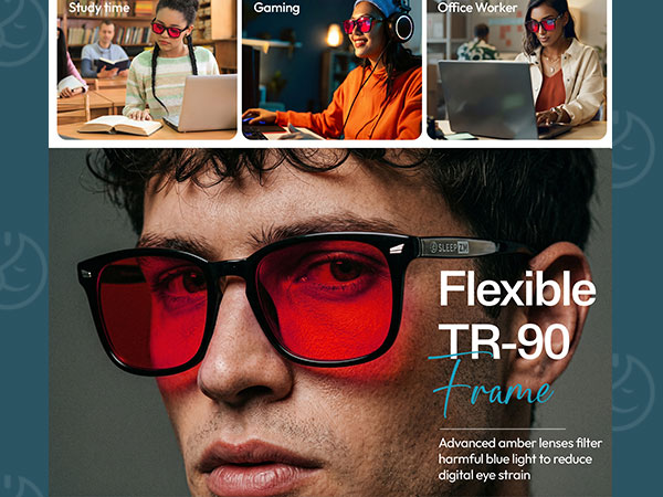Sleep ZM orange blue light glasses size guide with dimensions and everyday use examples