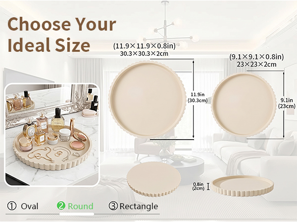 Text reads: 'Choose Your Ideal Size' with dimension measurements showing 11.8"x11.8"x8cm and 15.7"x15.7"x9cm options. Ceramic storage containers displayed in oval, round, and rectangle shapes with beige finish.