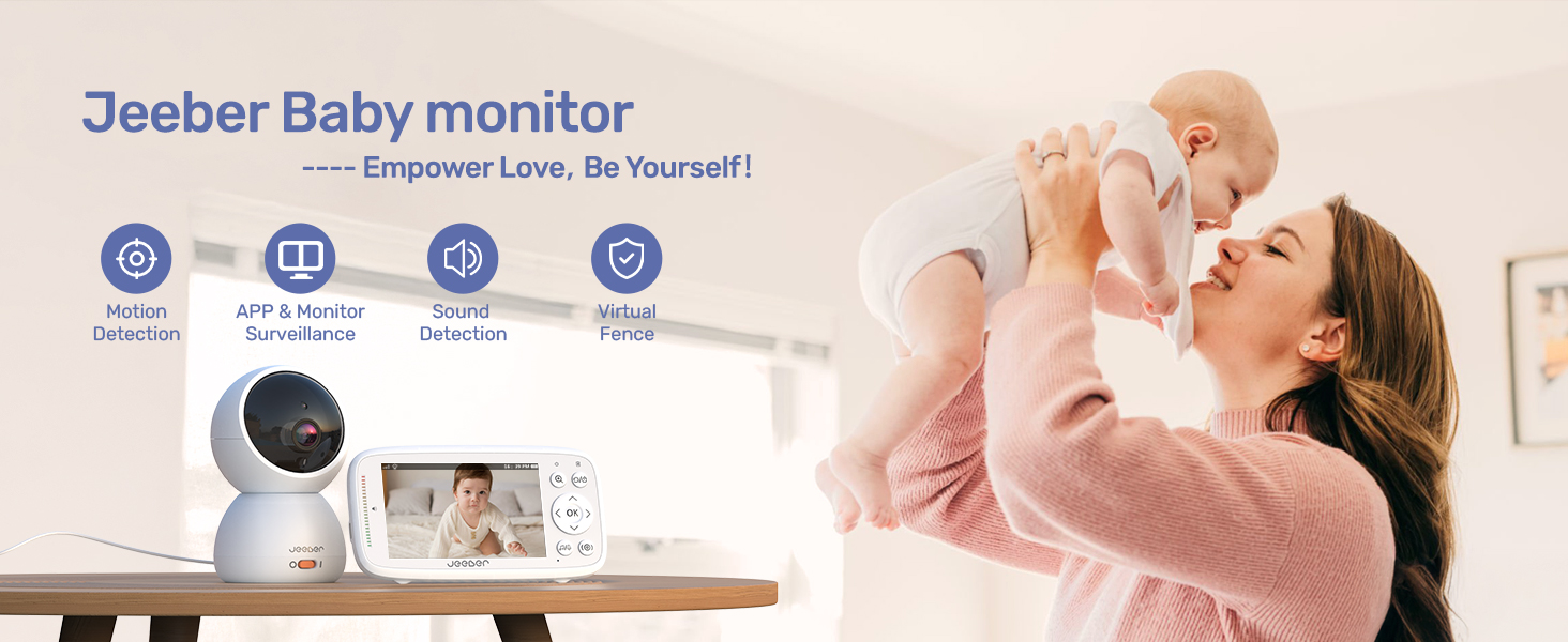 Text reads 'Jeeber Baby monitor'. Product advertisement showing baby monitor device on table with smartphone display and icons indicating various monitoring features.