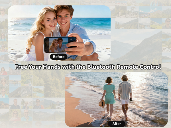 Text reads 'Before' and 'Free Your Hands with the Bluetooth Remote Control'. Beach photography sequence showing people taking photos, demonstrating before and after using remote control.