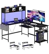 DUMOS L Shaped Gaming Desk 67”, Reversible Computer Desks with Led Lights Corner Table with Keybo...