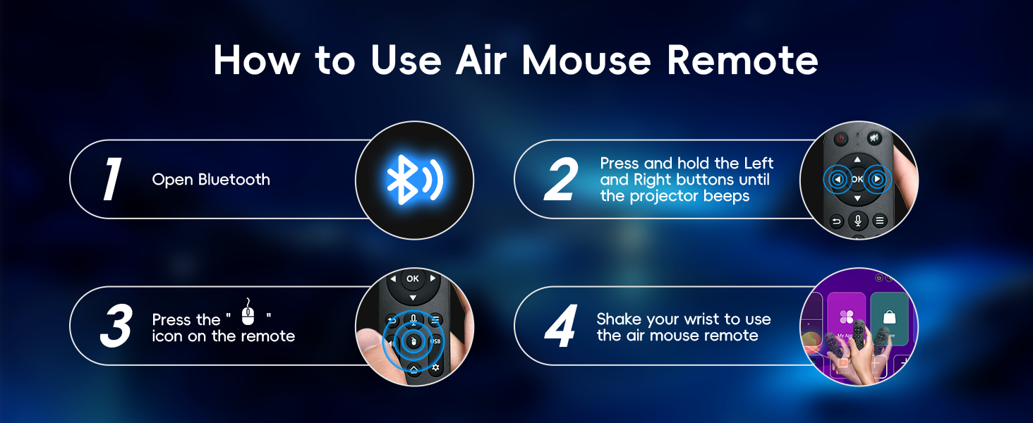 Instructions for using Air Mouse Remote: 1. Open Bluetooth, 2. Press and hold start button, 3. Press OK button, 4. Shake device to use as air mouse. Images show remote and hand gestures.