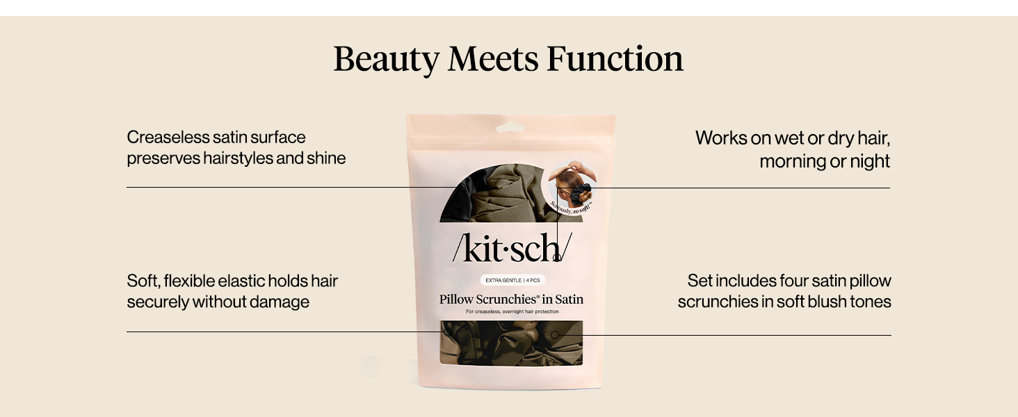 Kitsch Pillow Satin Scrunchies for Women Black, 4pcs