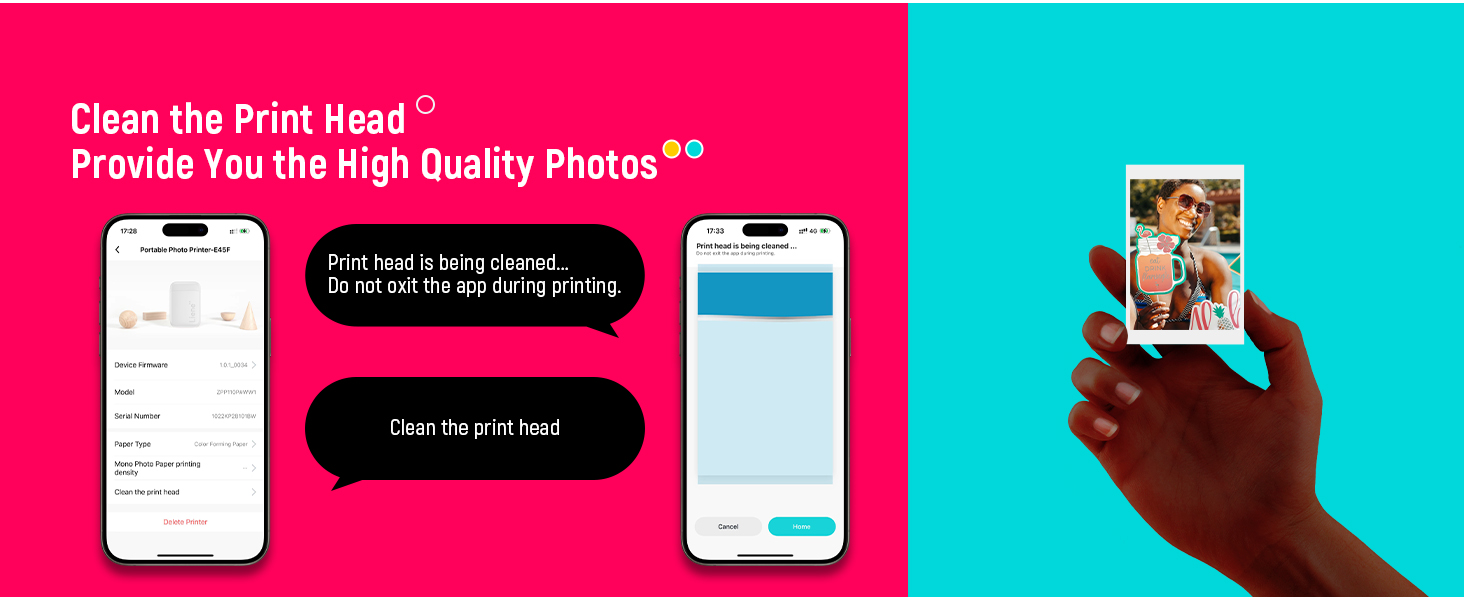 Mobile app interface demonstration showing print head cleaning function, with smartphone screens and a hand holding a printed photo.