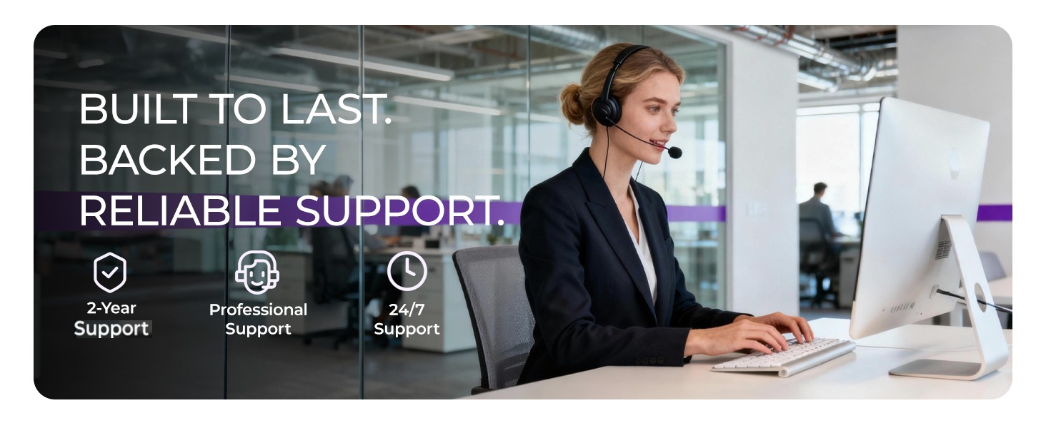 Text reads 'BUILT TO LAST', 'BACKED BY', 'RELIABLE SUPPORT'. Corporate website banner showing office environment and support icons.