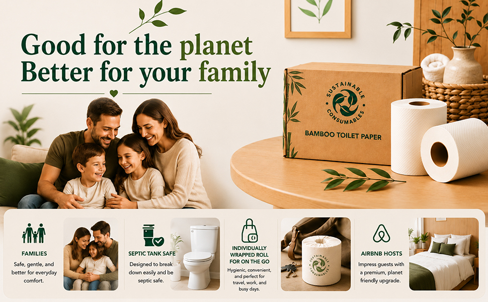 Family-focused bamboo toilet paper graphic highlighting septic-safe, portable, and eco-friendly use