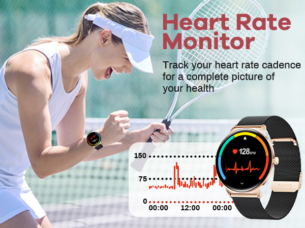 Smartwatch heart rate monitoring feature showcasing real-time cardiac tracking graph and digital display on round watch face.