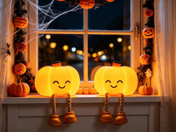 Two pumpkin night lights on the windowsill