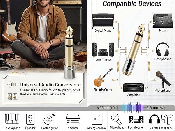 Universal 1/4" to 1/8" audio converter for guitar home theater and mic.