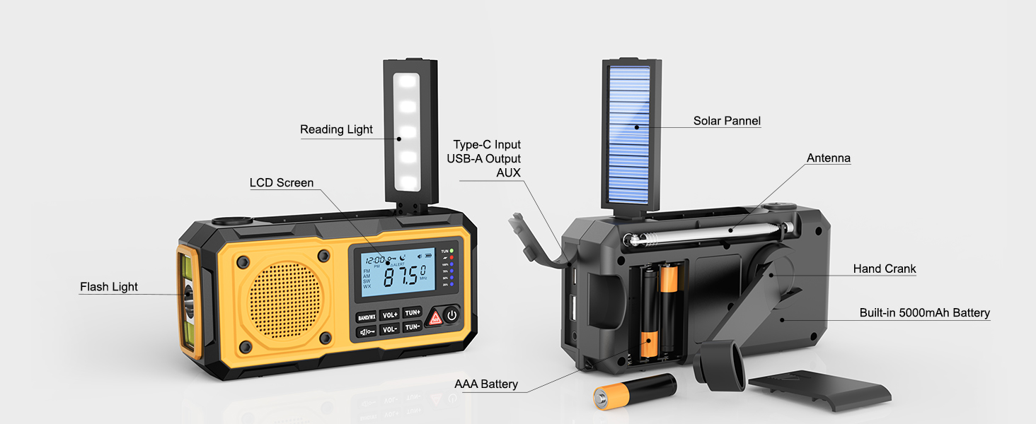 emergency radio; weather radio; hand crank radio; NOAA weather radio; emergency weather radio