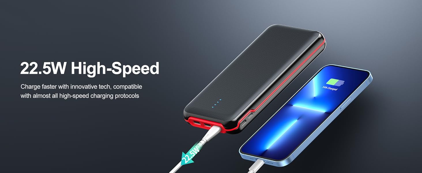 22.5W fast charging power bank, charges compatible devices rapidly for daily use.