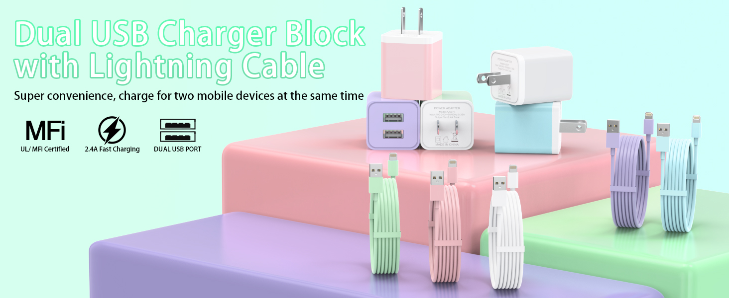 dual usb charger block with lightning cable