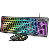 Gaming Keyboard and Mouse Combo - RGB Rainbow Backlit, Wired Computer Keyboard with Adjustable Ti...